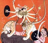 Mahishasura comes to the battle ground in his original buffalo form
