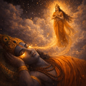 निद्रा देवी श्री हरी के आंखों से निकलकर आकाश में जाकर खडी हो गई