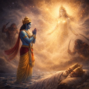 मधु और कैटभ के साथ युद्ध में श्री हरी महामाया से मदद मांगते हैं