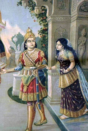  Abhimanyu going to battle as his wife Uttra attempts to stop him